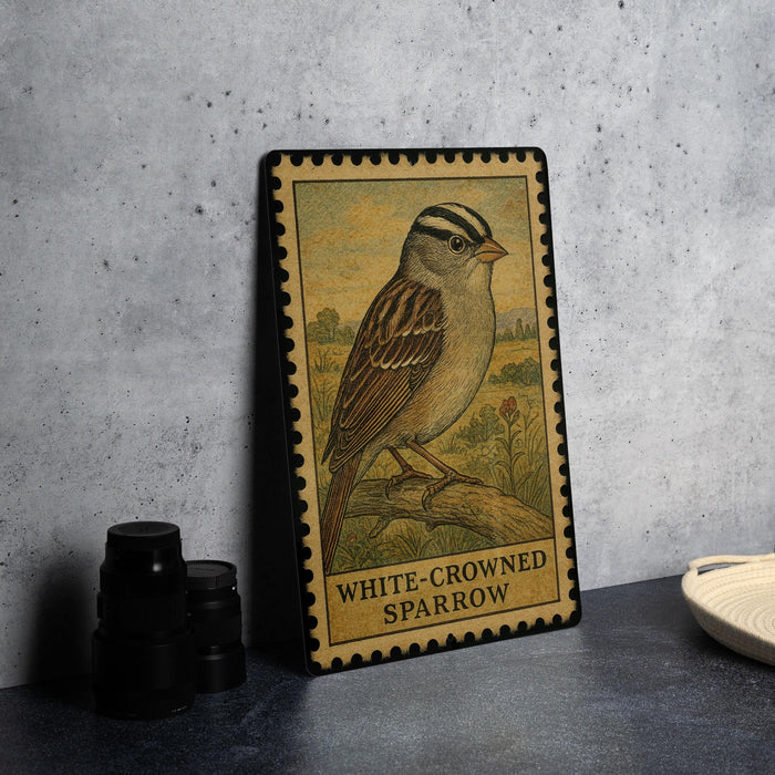 A framed illustration of a white-crowned sparrow is displayed on a table, with a stack of black camera lenses and a white dish nearby.