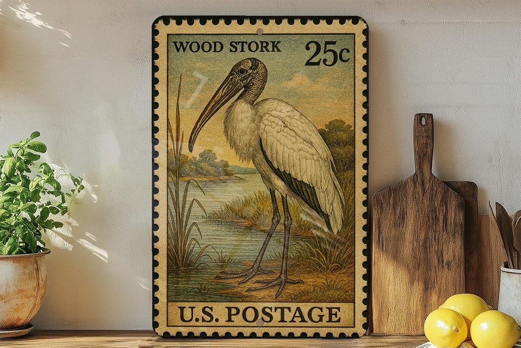 A vintage-style U.S. postage stamp featuring a wood stork, displayed on a shelf next to kitchen utensils and a potted plant.