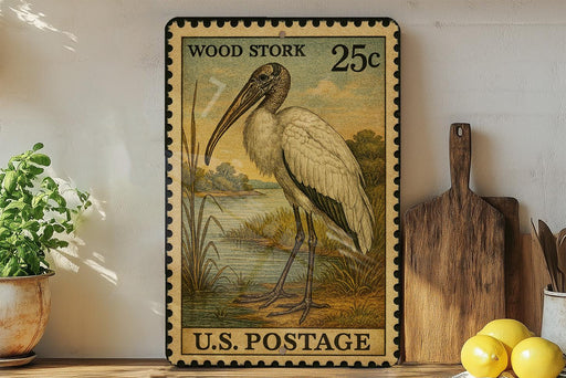 A vintage-style U.S. postage stamp featuring a wood stork, displayed on a shelf next to kitchen utensils and a potted plant.