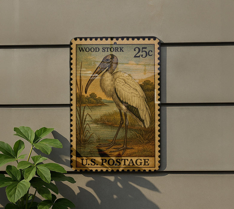 A U.S. postage stamp featuring a wood stork is displayed on a wall, with a plant to the left.