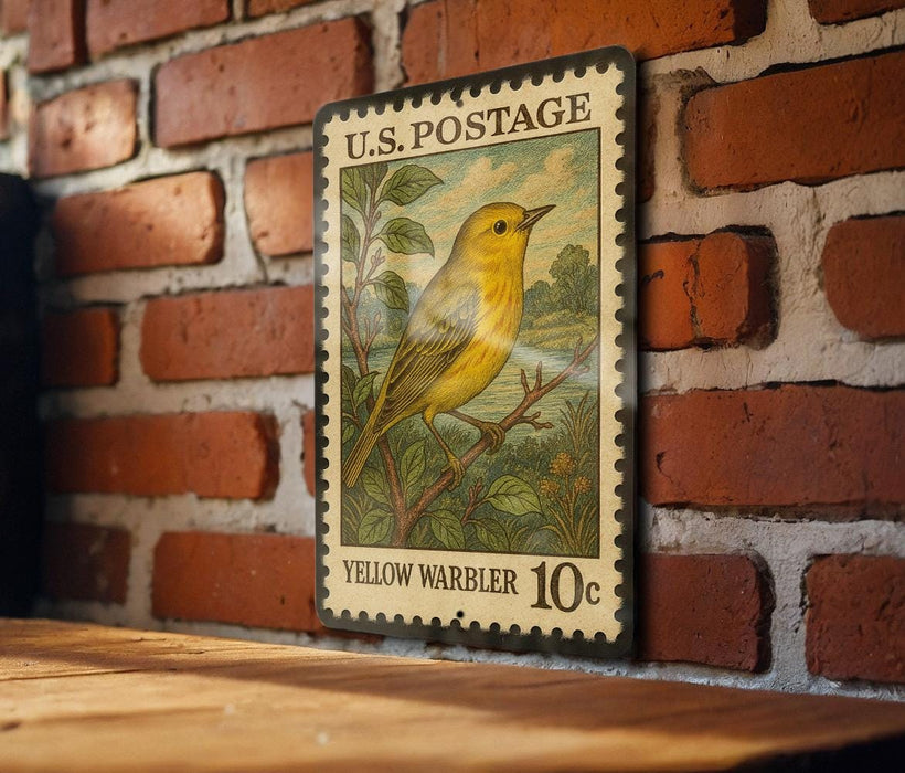 A U.S. postage stamp featuring a yellow warbler, a small songbird, is displayed on a brick wall.