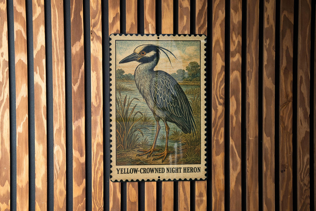 A metal stamp featuring a yellow-crowned night heron is displayed on a wooden wall.