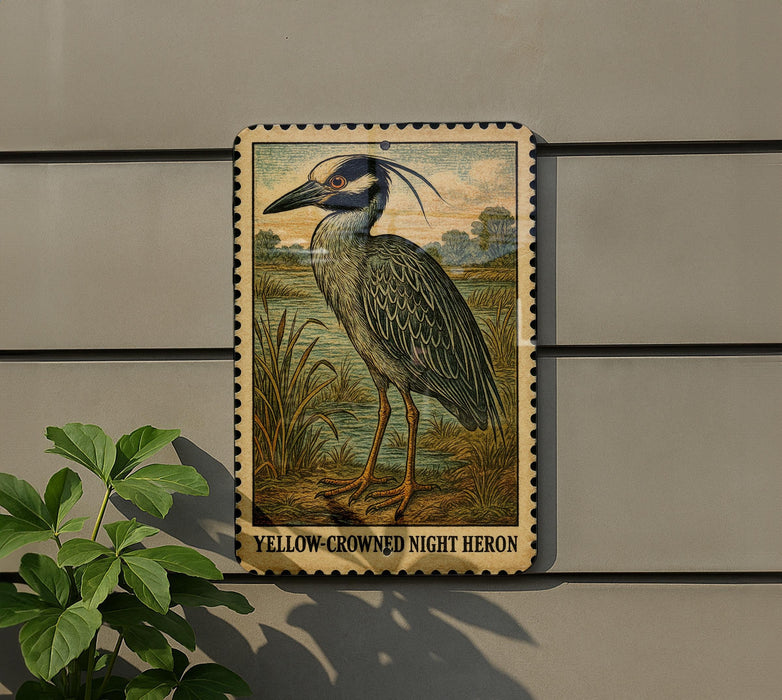 A framed illustration of a yellow-crowned night heron is displayed on a wall, with a plant to the left.