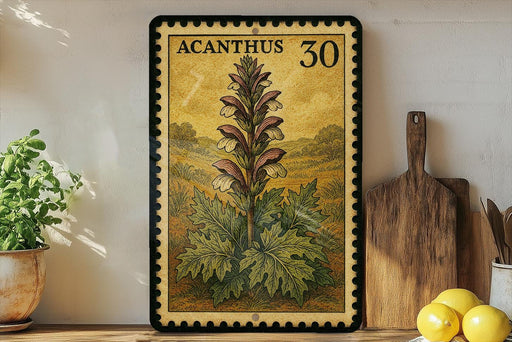 a framed illustration of a plant with a yellow border, placed on a shelf next to a wooden cutting board and some lemons.