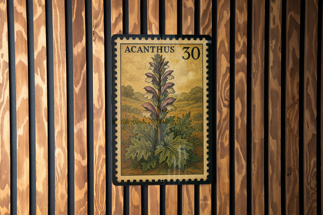 A postage stamp featuring a depiction of a plant with purple flowers and green leaves, mounted on a wooden wall.