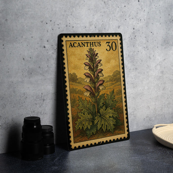 A metal stamp with an illustration of a flower on it, placed on a table next to some black camera lenses.