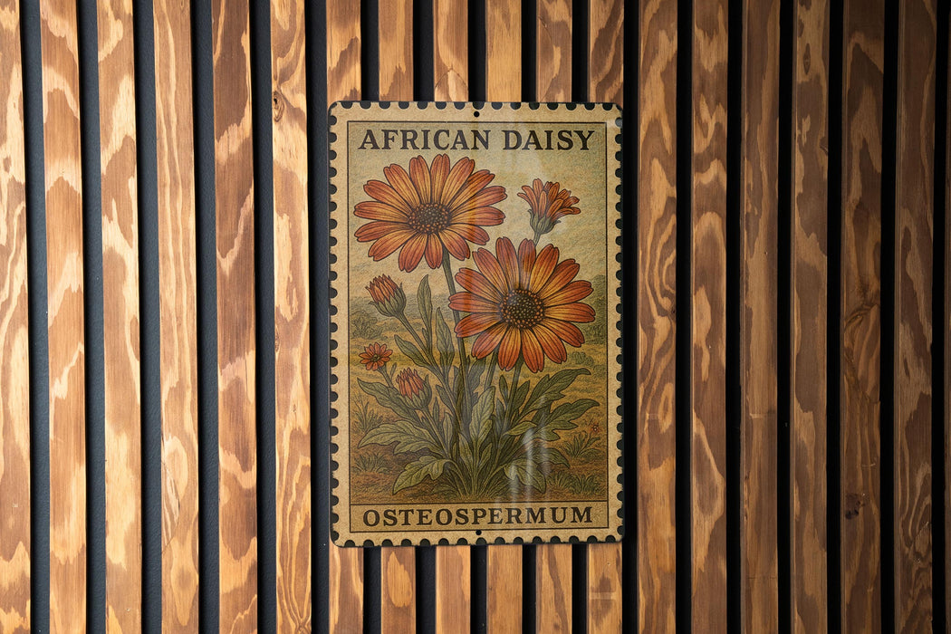 a vintage-style stamp or postcard with an illustration of African daisies, hanging on a wooden wall.