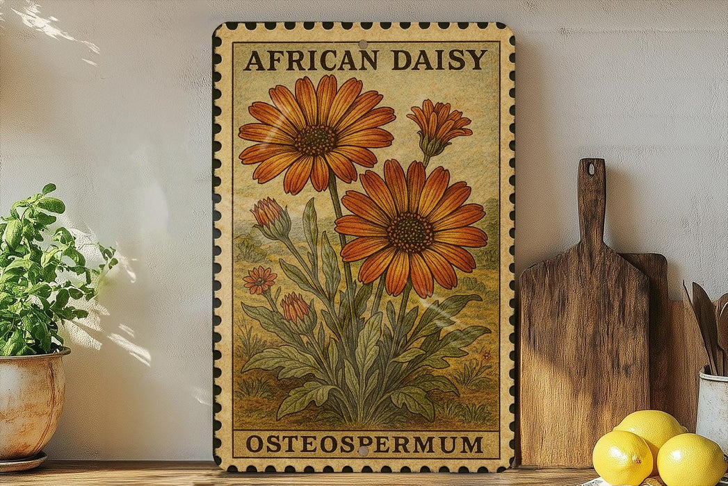 a vintage-style stamp or postcard with an illustration of two large orange daisy flowers, surrounded by greenery, placed on a wooden surface next to a wooden cutting board and a potted plant.