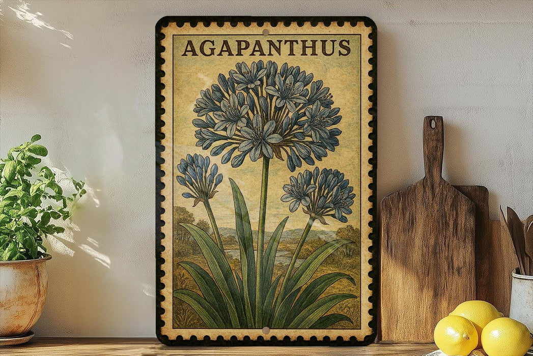 A framed illustration of a blue flower, likely an Agapanthus, is displayed on a shelf next to a wooden cutting board and a potted plant.