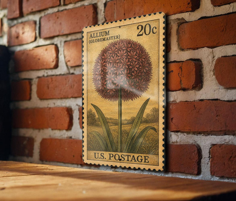 A vintage 20c U.S. postage stamp featuring a large flower illustration is displayed on a brick wall.
