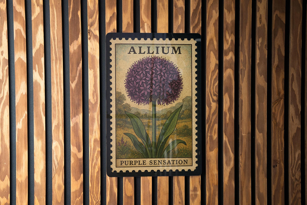 A vintage-style Allium flower seed packet is displayed on a wooden wall, with the word "Purple Sensation" written below the image.
