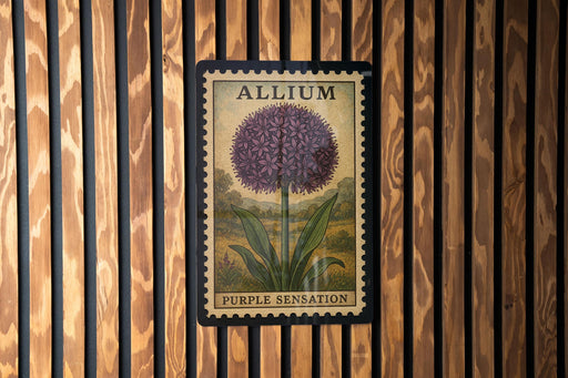 A vintage-style Allium flower seed packet is displayed on a wooden wall, with the word "Purple Sensation" written below the image.