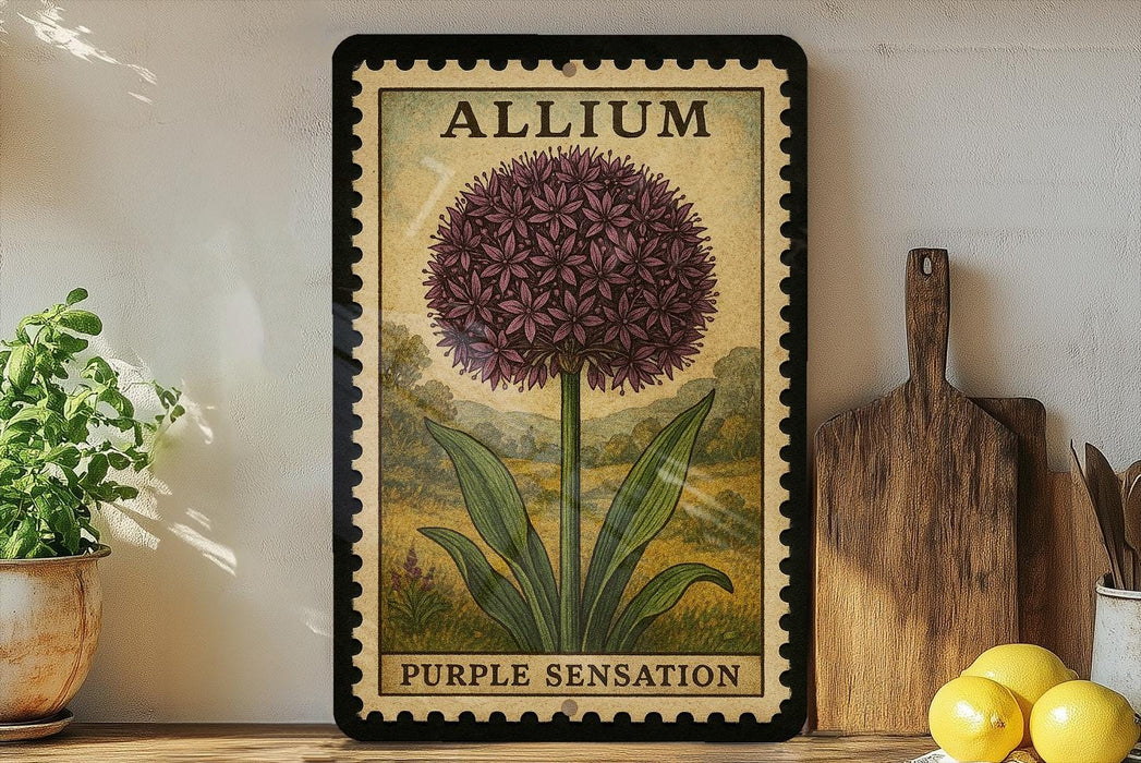 A framed illustration of a purple flower, labeled "Allium" and "Purple Sensation", is displayed on a shelf next to a wooden cutting board and a potted plant.