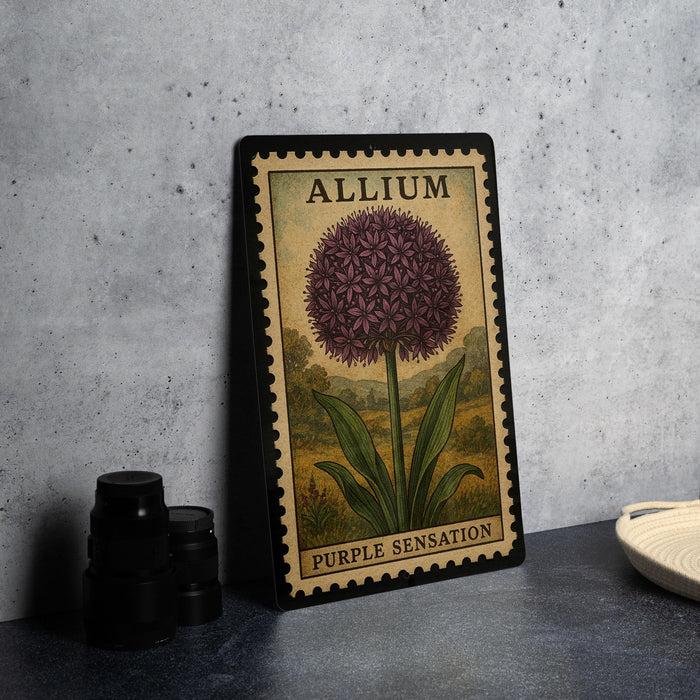A framed illustration of a purple flower, labeled "Allium" and "Purple Sensation", is displayed on a gray wall next to a stack of black camera lenses.