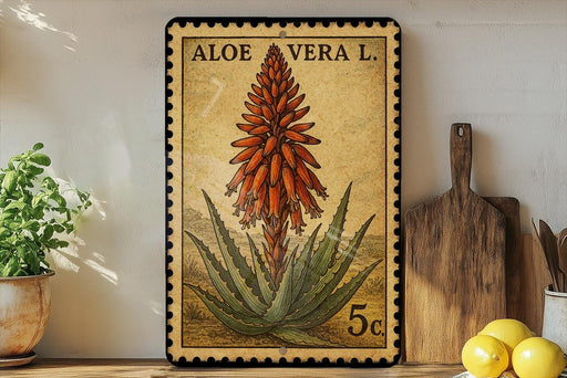 A framed aloe vera plant with a vintage postage stamp design, placed on a shelf next to a wooden cutting board and some lemons.