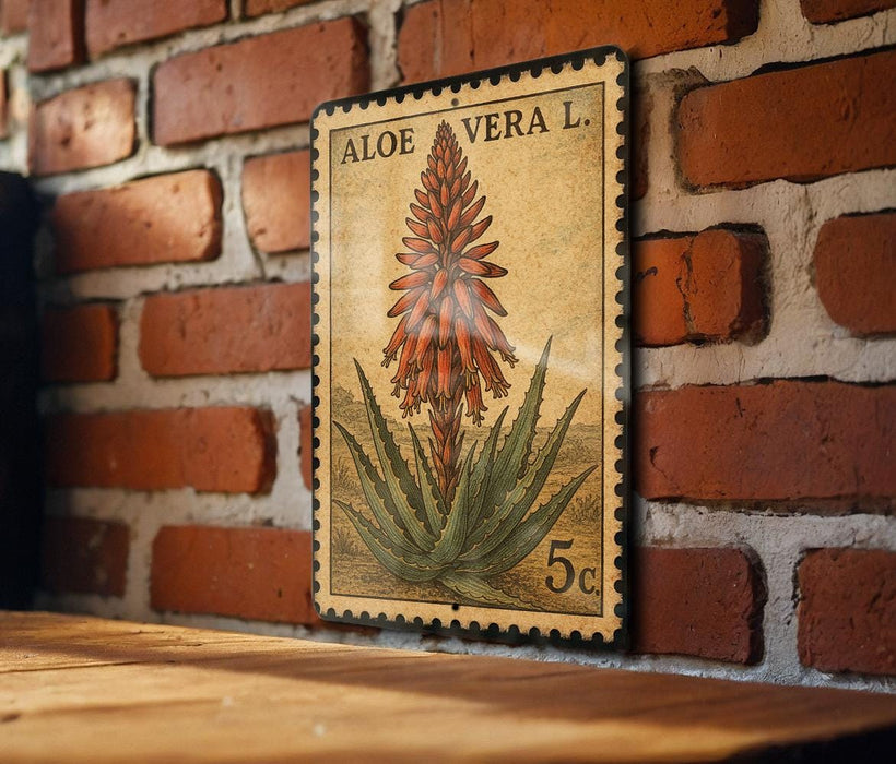 A vintage-style aloe vera postage stamp is displayed on a brick wall, featuring a detailed illustration of the aloe vera plant.