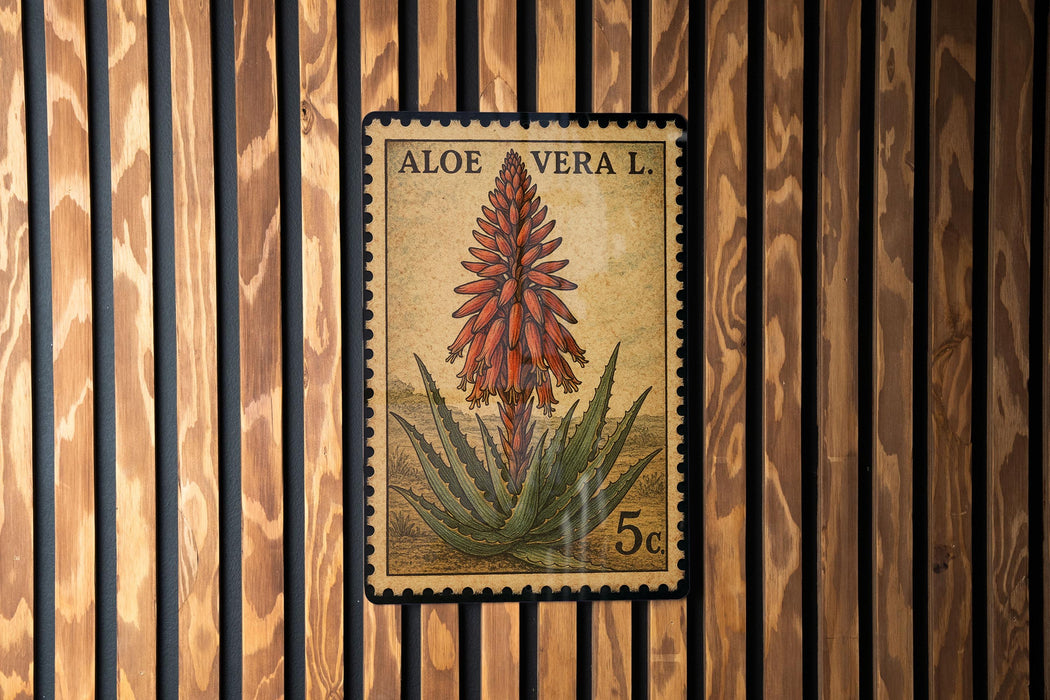 A postage stamp featuring an illustration of an aloe vera plant.