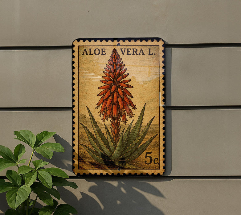 A postage stamp featuring an illustration of an aloe vera plant, with the text "ALOE VERA L."