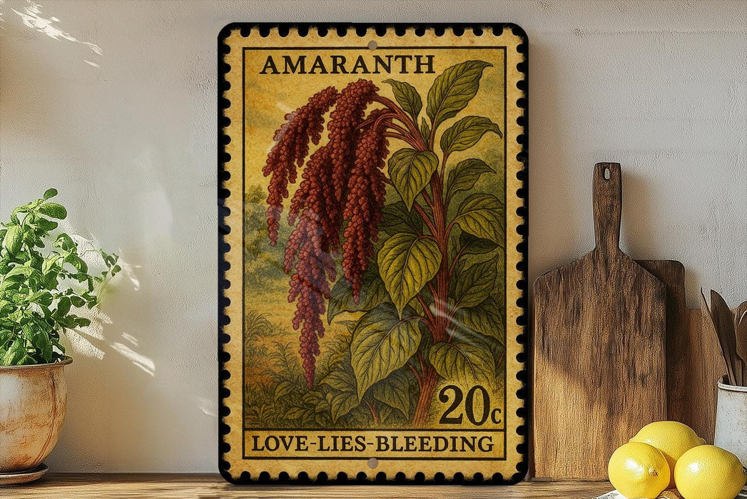a vintage-style stamp with a plant illustration, placed on a shelf next to a wooden cutting board and some potted plants.
