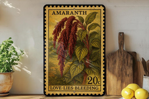 a vintage-style stamp with a plant illustration, placed on a shelf next to a wooden cutting board and some potted plants.