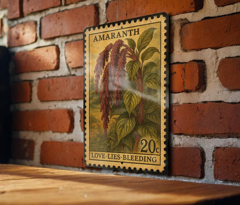 a vintage-style stamp with a plant illustration, mounted on a brick wall.