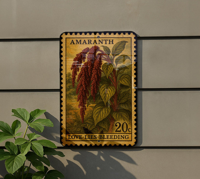 a stamp with a plant illustration and text, mounted on a wall next to a plant.