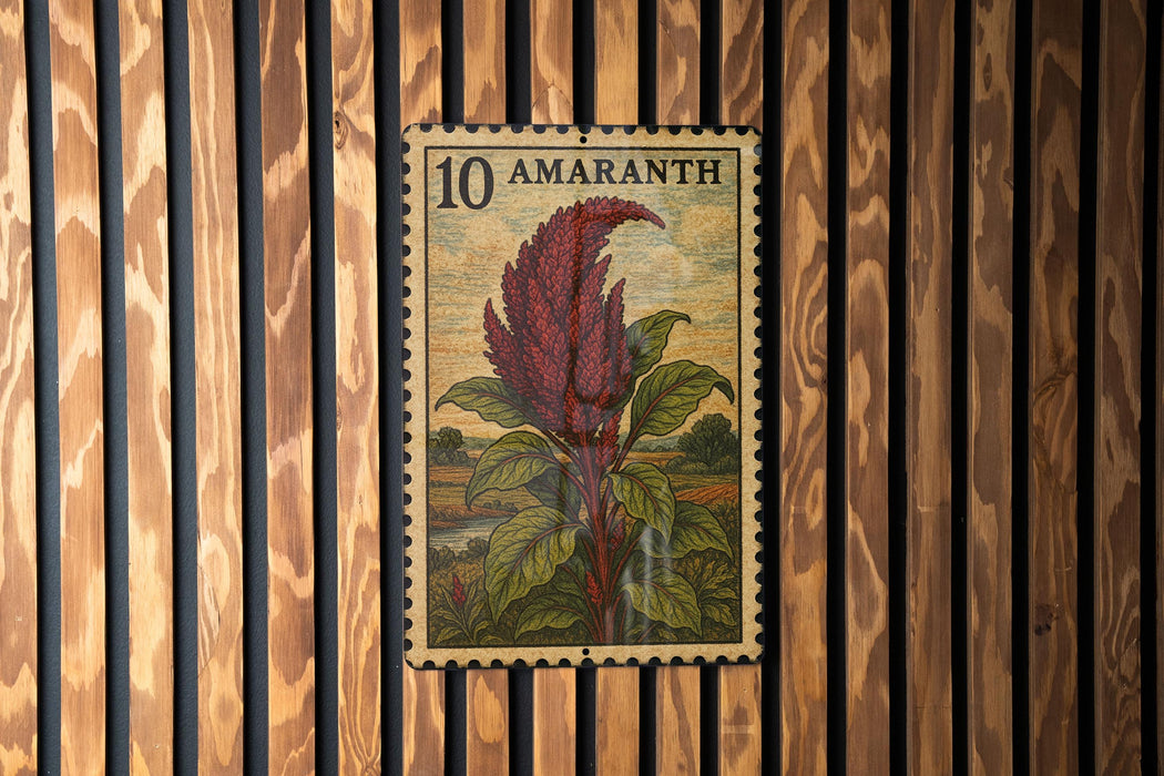 A 10 amaranth postage stamp is displayed on a wooden wall.