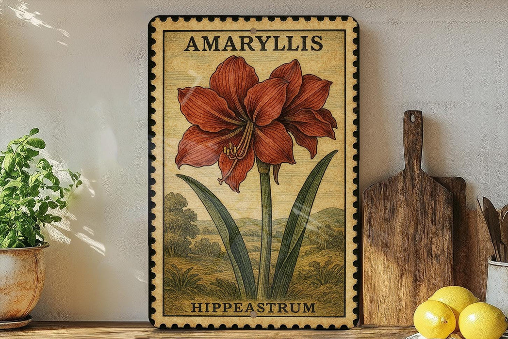 a vintage-style poster of a large red flower, labeled "AMARYLLIS" and "HIPPEASTRUM", displayed on a wall next to a wooden cutting board and a potted plant.