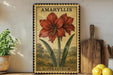a vintage-style poster of a large red flower, labeled "AMARYLLIS" and "HIPPEASTRUM", displayed on a wall next to a wooden cutting board and a potted plant.
