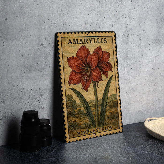 A metal sign with an illustration of a red flower and green leaves, labeled "AMARYLLIS HIPPEASTRUM", is displayed on a table next to some black camera lenses.