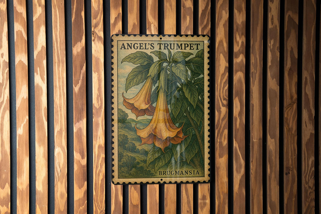 A vintage postage stamp featuring an illustration of a trumpet flower is displayed on a wooden wall.