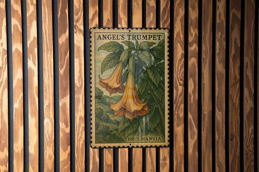 A vintage postage stamp featuring an illustration of a trumpet flower is displayed on a wooden wall.
