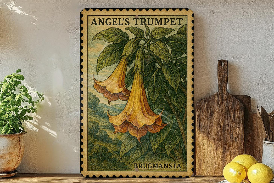 A framed illustration of a trumpet flower is displayed on a shelf, accompanied by a wooden cutting board, a potted plant, and a lemon.