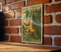 A vintage-style stamp or postcard featuring a trumpet flower is displayed on a brick wall.