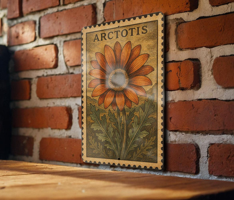 a wooden table with a framed print of a flower on it, mounted on a brick wall.