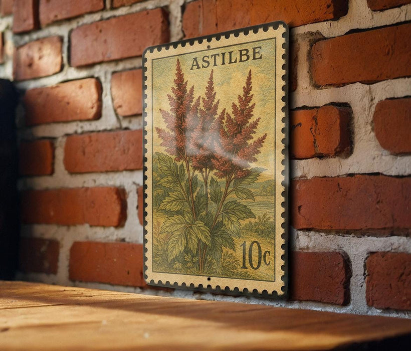 A vintage-style stamp featuring a plant illustration is displayed on a brick wall.