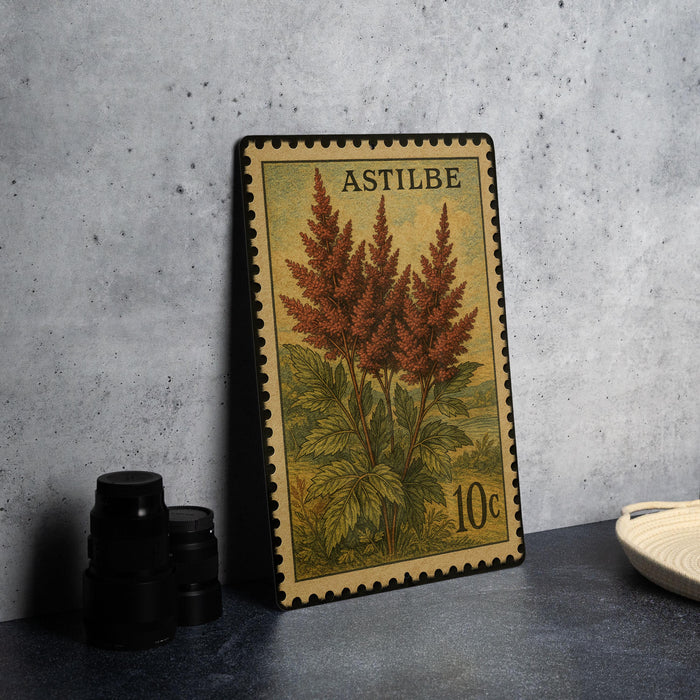 A metal stamp with a floral design and the text "ASTILBE" printed on it, placed on a table next to some black camera lenses.
