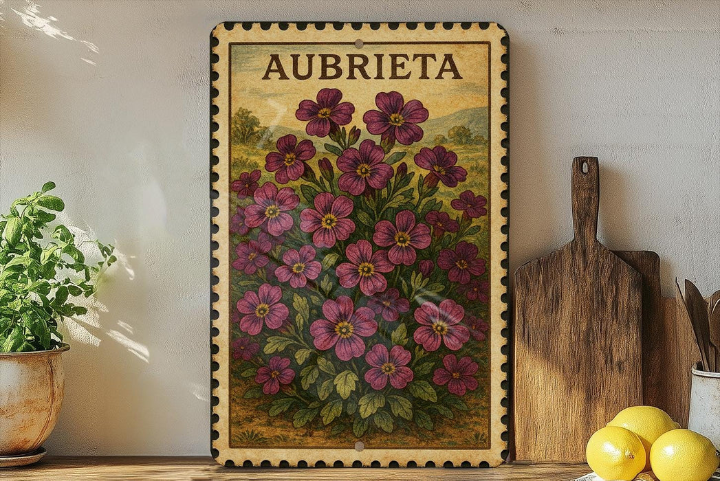 a framed illustration of a flower with the word "AUBRIETA" on it, placed on a shelf next to a wooden cutting board and a potted plant.