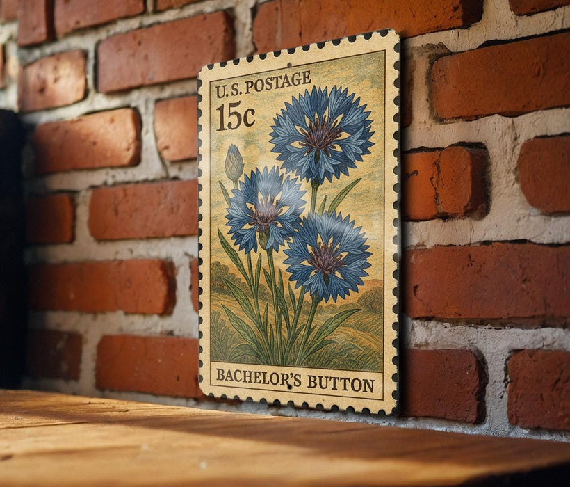 A vintage U.S. postage stamp featuring a blue flower design, mounted on a brick wall.