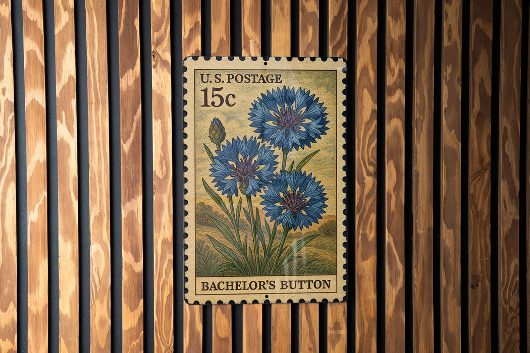 A U.S. postage stamp featuring a blue flower, mounted on a wooden wall.