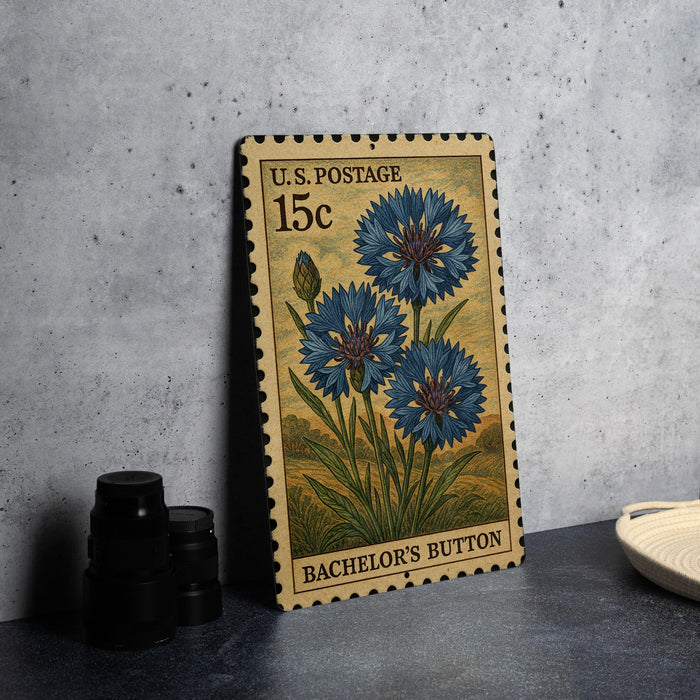 A U.S. postage stamp featuring a blue flower design, placed on a table next to some black camera lenses.