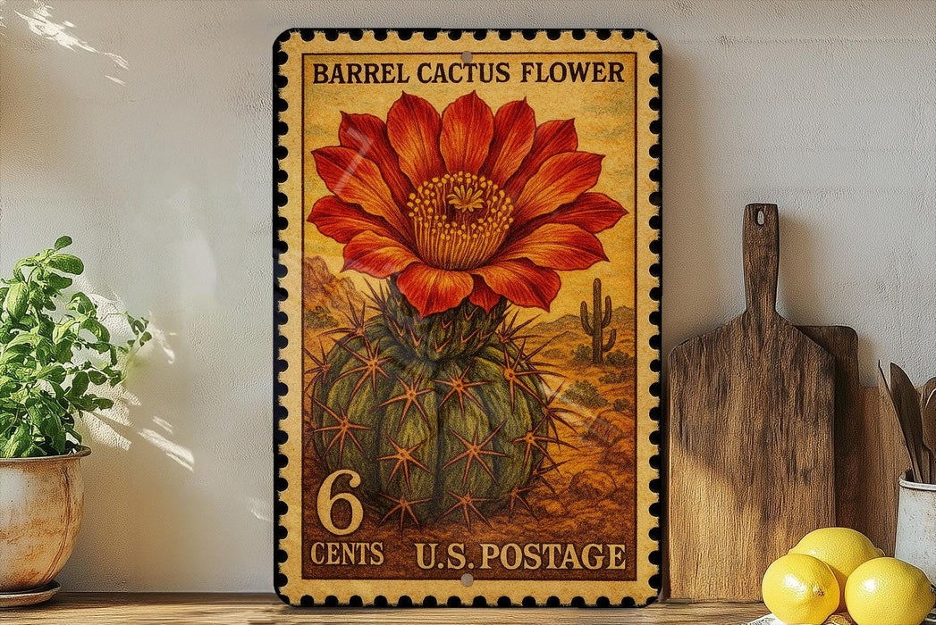 A framed image of a barrel cactus flower, with a vintage-style stamp on the back.