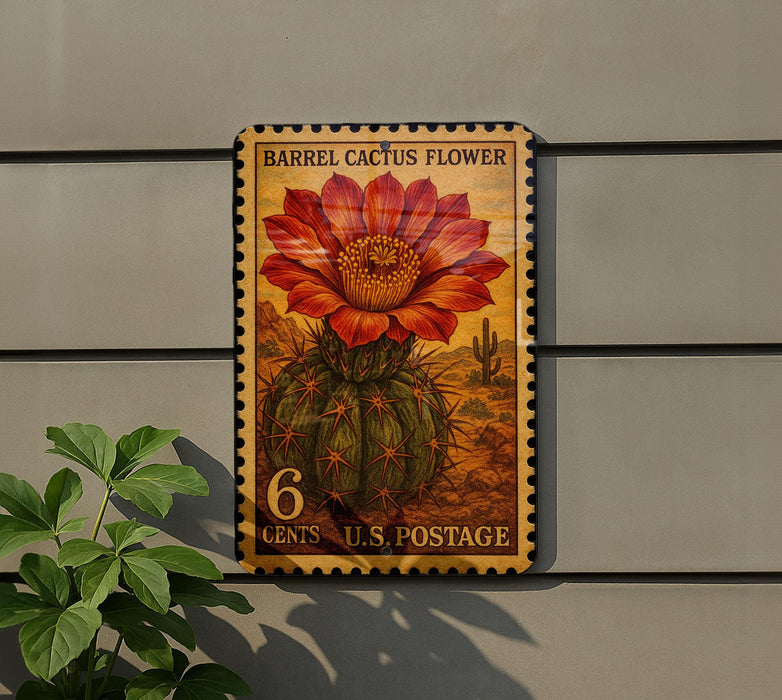 A postage stamp featuring a barrel cactus flower, with the number 6 on it, is displayed on a wall.
