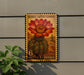 A postage stamp featuring a barrel cactus flower, with the number 6 on it, is displayed on a wall.