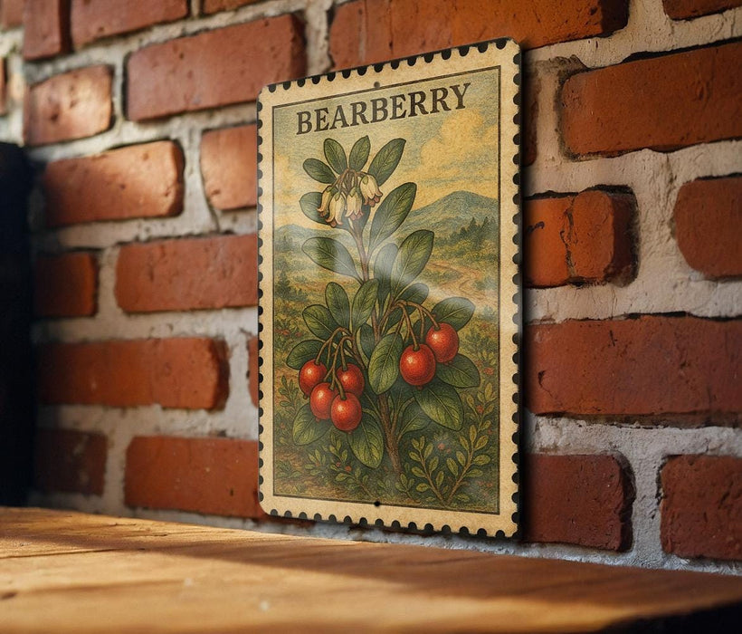 A vintage-style stamp featuring a berry plant with red berries is displayed on a brick wall.