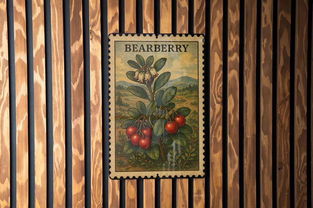 A vintage-style postage stamp featuring a plant with red berries, hanging on a wooden wall.