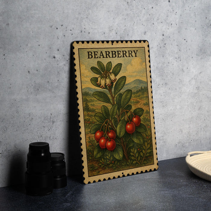 A framed illustration of a bearberry plant with red berries is displayed on a gray wall, accompanied by a stack of black camera lenses and a white dish.