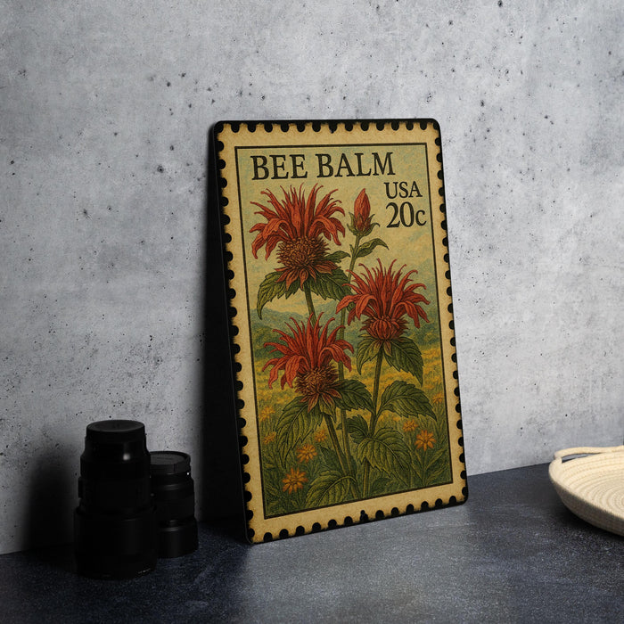 A vintage-style stamp depicting a red flower with green leaves, placed on a dark surface next to a stack of black camera lenses.