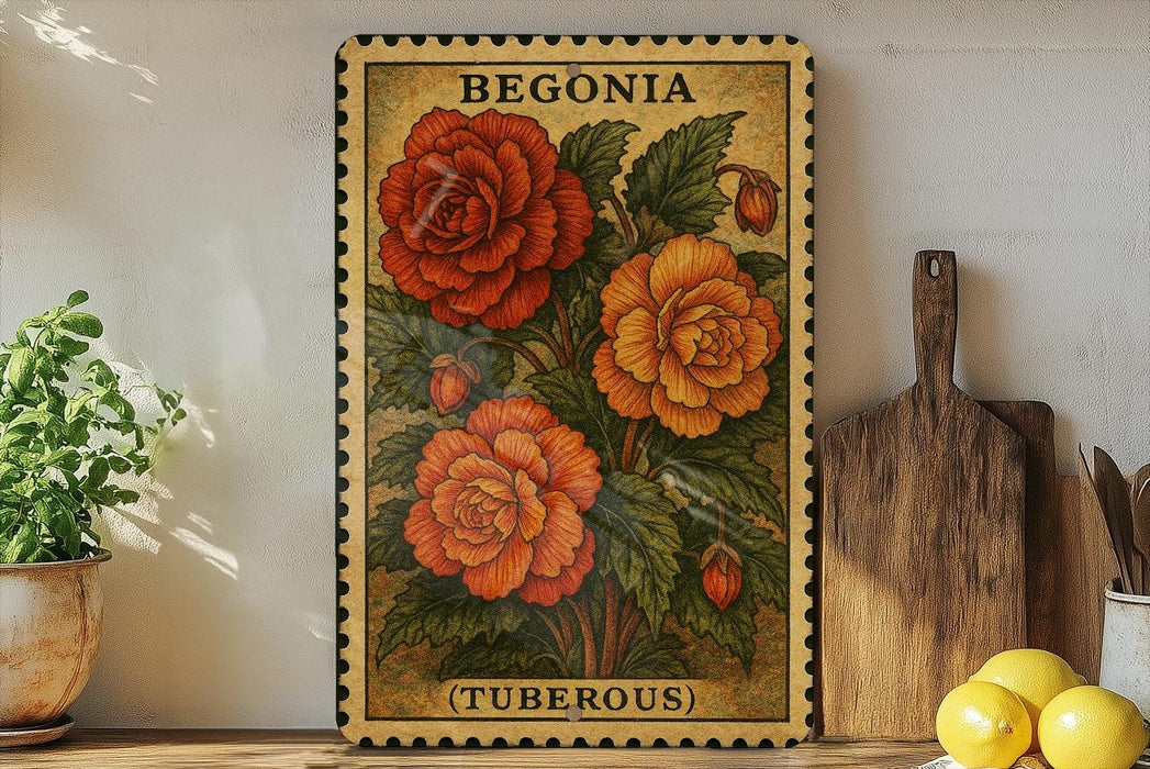 A framed illustration of a red and orange tulip plant is displayed on a shelf, accompanied by a wooden cutting board, a potted plant, and some lemons.