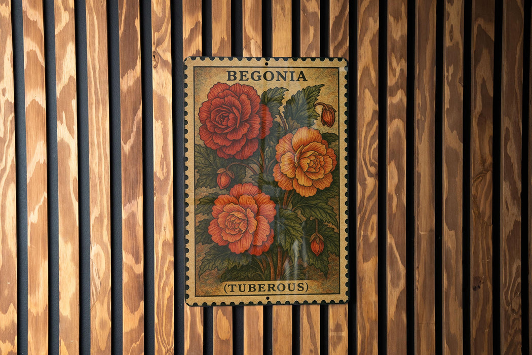 A vintage-style postage stamp featuring a floral illustration of a red rose and two orange tulips, mounted on a wooden wall.